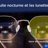 Lunettes de vue comparant la vision nocturne classique et celle améliorée par un verre de conduite nocturne, montrant des voitures sur une route sombre.
