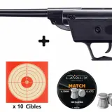 Pistolet à air comprimé Perfecta S3, 4,5 mm, avec boîte de rangement, cibles et plombs. Attention, ce pistolet 3 joules dangereux nécessite une utilisation responsable.