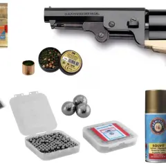 Kit de conversion pour arme à poudre noire, incluant un révolver, balles, poudre et produits d'entretien.