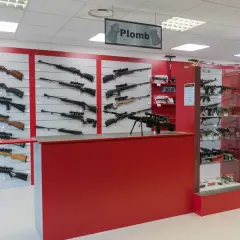 Vitrines d'un magasin d'armes présentant des fusils et carabines, dont un pistolet à bille interdit, sur des murs rouges et gris.