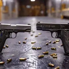 Deux pistolets, un 22 LR et un 9mm, posés sur une table avec des douilles éparpillées.