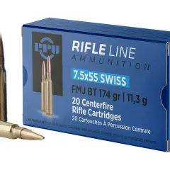 Boîte de munitions PPU 7,5x55 Swiss, 20 cartouches FMJ BT 174 gr. Deux cartouches sont visibles à côté de la boîte.