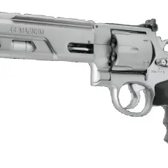 Revolver à plomb .44 Magnum, le plus puissant, avec une poignée noire texturée et un canon argenté.