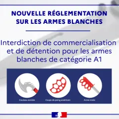 Nouvelle réglementation sur les armes blanches de catégorie A1 : interdiction de commercialisation et de détention. Icônes : couteau zombie, coups de poing américain, arme mixte.