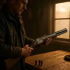 Un homme examine un fusil court en bois, prêt pour la chasse. Trois cartouches reposent sur la table rustique.