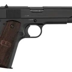Pistolet noir avec poignées en bois gravées "U.S.". Le numéro de série 11 43 est visible sur la culasse.
