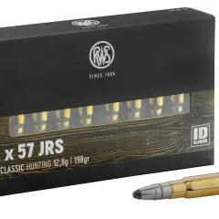 Boîte de munitions RWS 8x57 JRS, calibre Mauser, pour la chasse. Deux cartouches dorées sont posées devant.