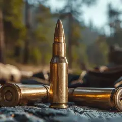 Trois cartouches dorées sur un sol rocheux, en forêt. La question quel calibre pour le sanglier est au cœur de cette scène de chasse.