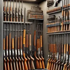 Un coffre-fort rempli de fusils, prêts pour la défense. Des armes à feu de différents calibres sont rangées méticuleusement, certaines avec des crosses en bois.