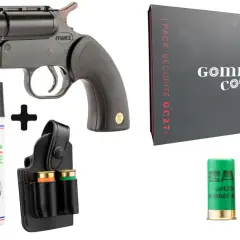 Pack de défense : pistolet lanceur de projectiles, cartouches calibre 12 (dont gomme cogne) et sprays de poivre. Législation en vigueur.