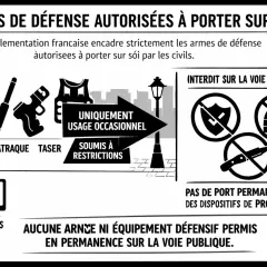 Infographie sur les armes de défense autorisées en France. Le taser est soumis à restrictions, contrairement à l'aérosol.