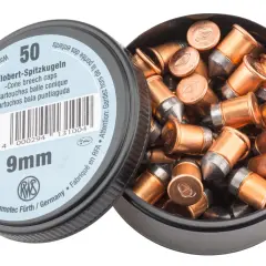 Boîte de 50 cartouches 9mm pour revolver, type Flobert, avec balles coniques en cuivre et plomb.