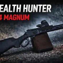 Carabine tactique .44 Magnum, prête pour la chasse furtive. Son design moderne et son viseur reflex la rendent redoutable.