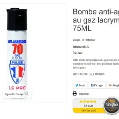 Bombe anti-agression au gaz lacrymogène 75ML, idéale pour votre protection. Son effet lacrymogène dissuade les agresseurs.