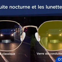 Lunettes de vue comparant la vision nocturne classique et celle améliorée par un verre de conduite nocturne, montrant des voitures sur une route sombre.