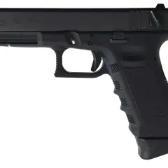 Pistolet Glock 18C, fabriqué en Autriche, calibre 9x19, avec sa poignée texturée et son chargeur étendu.