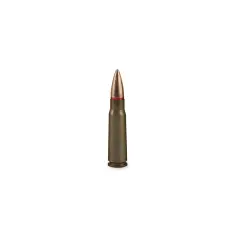 Une balle de kalachnikov, avec son projectile cuivré et son étui vert olive, prête à l'action.