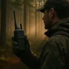 Chasseur dans la forêt, ajustant la fréquence talkie walkie pour rester en contact.