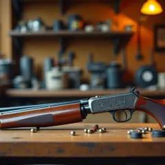 Carabine à levier, bois sombre, métal gravé. Des balles rondes et des douilles jonchent la table. Imaginez la puissance joule d'un pistolet 9mm dans ce contexte.