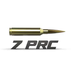 Une cartouche dorée de calibre 7mm PRC flotte au-dessus du texte 7 PRC en 3D.