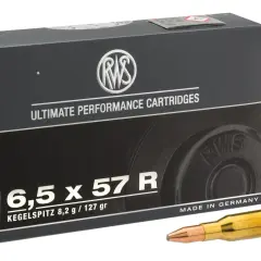 Boîte de munitions RWS calibre 6,5 x 57 R, avec deux cartouches visibles. La balistique de ce calibre est idéale pour la chasse.