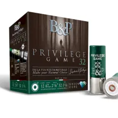 Boîte et cartouches de chasse Baschieri & Pellagri, modèle Privilege Game 32. L'image met en avant la qualité et le choix naturel.