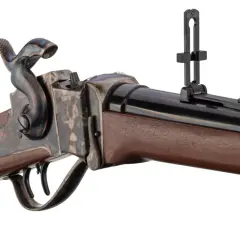 Détail d'une carabine de chasse la plus précise, avec sa crosse en bois sombre, son mécanisme de culasse ouvrante et sa hausse réglable.