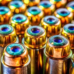 Rangée de munitions 44 magnum Geco, aux reflets dorés et bleus, prêtes à l'action.