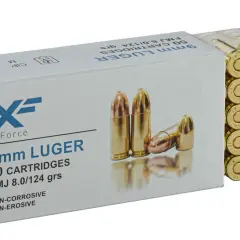 Boîte de 50 cartouches 9mm Luger FMJ 8.0/124 grs, poids balle 9mm.