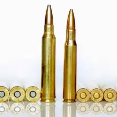 Comparaison visuelle entre une cartouche 300 Win Mag et une 30-06. Les deux sont alignées avec d'autres cartouches en arrière-plan.
