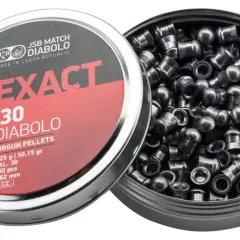 Boîte de plombs JSB Exact .30 Diabolo. Ces plombs sont conçus pour être insérés dans une carabine, la partie la plus large allant en premier.