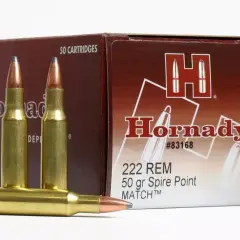 Cartouches Hornady calibre 223 REM, 50 grains Spire Point MATCH, idéales pour la chasse de précision.