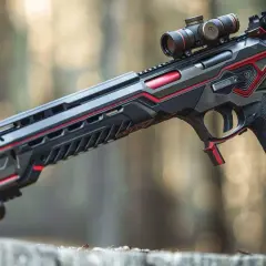 Fusil semi-automatique de marque turque, au design futuriste avec des accents rouges et une lunette de visée.