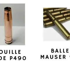 Comparaison : douille vide P490 à gauche, balles réelles Mauser 98K à droite.