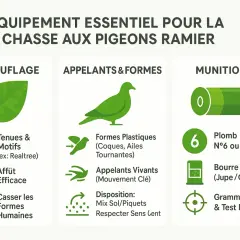Équipement pour la chasse au pigeon : camouflage, appelants, et munitions. Le bon plomb, N°6 ou 7,5, est essentiel.