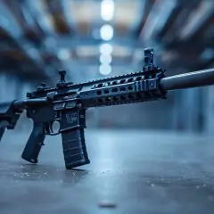 Un fusil à pompe automatique russe, prêt à l'action, repose sur un sol sombre, une cartouche à ses pieds.