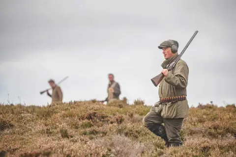 Chasseurs en tenue, fusils à l'épaule, dans un paysage de landes. L'interdiction du plomb tir sportif est une préoccupation croissante.