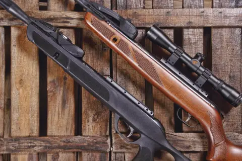 Deux carabines à plomb, l'une noire et l'autre en bois, reposent sur des lattes de bois. Le ressort de la carabine à plomb 30 joules est prêt à l'action.