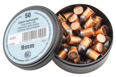 Boîte de 50 cartouches 9mm pour revolver, type Flobert, avec balles coniques en cuivre et plomb.