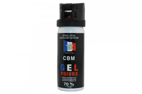 Bombe lacrymogène CBM Gel Poivre, fabriquée en France. Conforme à la loi, neutralisant instantané.