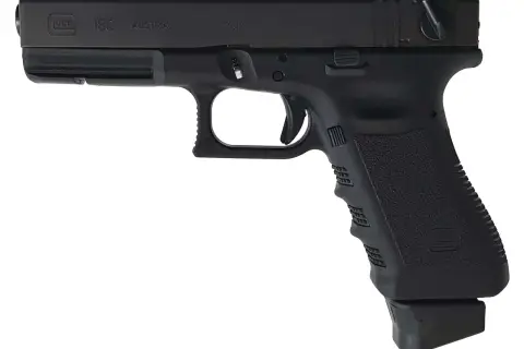 Pistolet Glock 18C, fabriqué en Autriche, calibre 9x19, avec sa poignée texturée et son chargeur étendu.