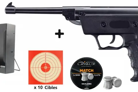 Pistolet à air comprimé Perfecta S3, 4,5 mm, avec boîte de rangement, cibles et plombs. Attention, ce pistolet 3 joules dangereux nécessite une utilisation responsable.