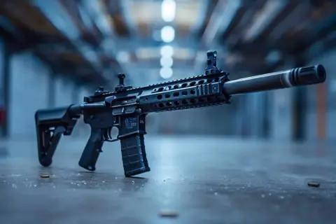 Un fusil à pompe automatique russe, prêt à l'action, repose sur un sol sombre, une cartouche à ses pieds.