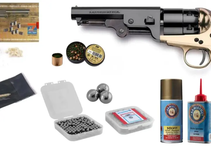 Kit de conversion pour arme à poudre noire, incluant un révolver, balles, poudre et produits d'entretien.