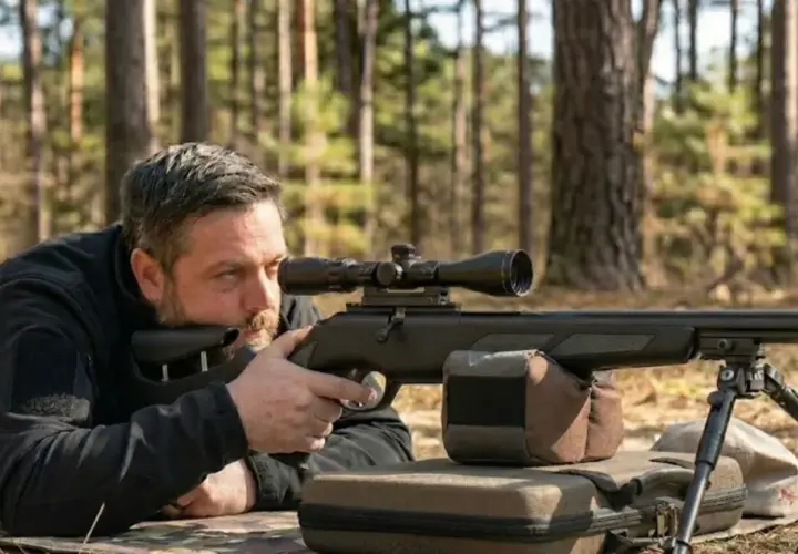 Un homme en tenue noire, couché dans une forêt, vise avec une carabine équipée d'une lunette. Le kit de puissance 40 joules est prêt pour le tir.