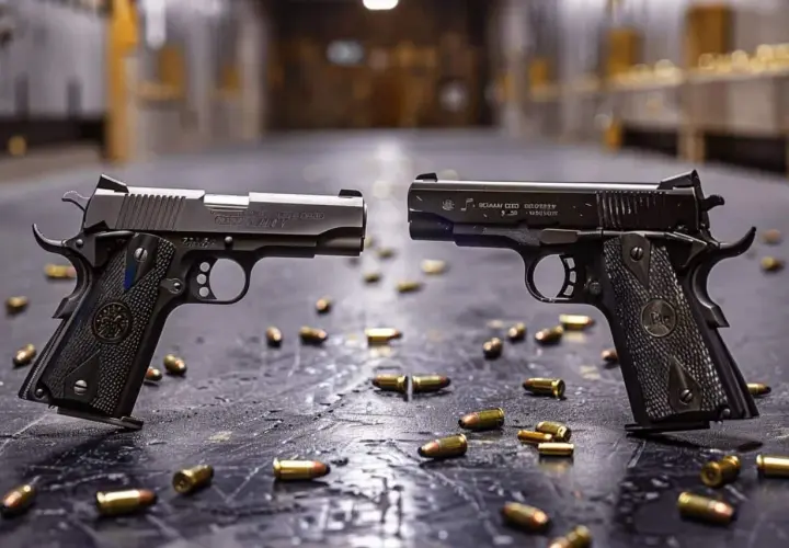 Deux pistolets, un 22 LR et un 9mm, posés sur une table avec des douilles éparpillées.