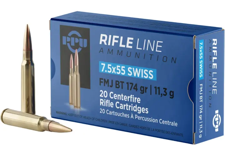 Boîte de munitions PPU 7,5x55 Swiss, 20 cartouches FMJ BT 174 gr. Deux cartouches sont visibles à côté de la boîte.