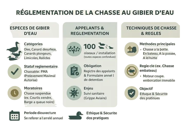 Réglementation de la chasse au gibier d'eau : espèces, appelants, techniques. La chasse au canard de nuit est soumise à des règles strictes.