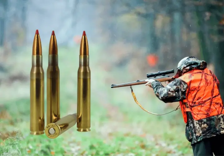 Chasseur en action, prêt à tirer avec sa carabine. Trois cartouches de calibre carabine de chasse sont mises en avant.