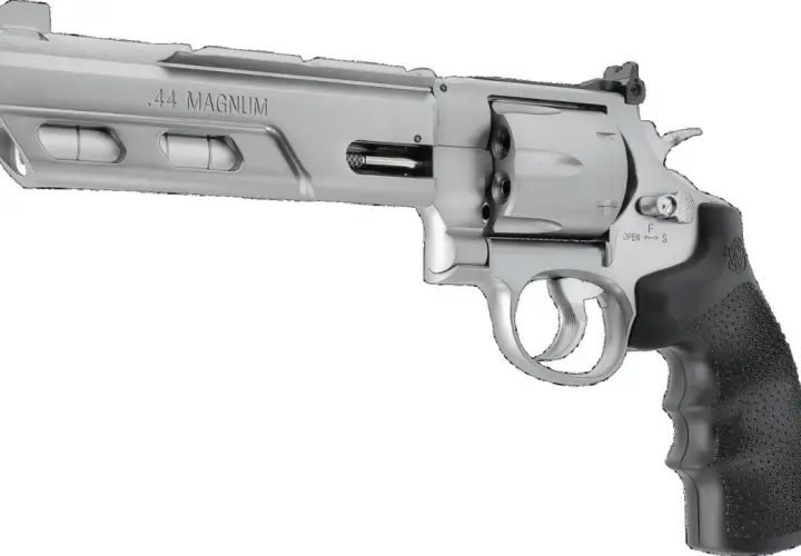 Revolver à plomb .44 Magnum, le plus puissant, avec une poignée noire texturée et un canon argenté.